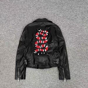 Authentic Gucci Black Leather Jacket with Red and White Snake Design